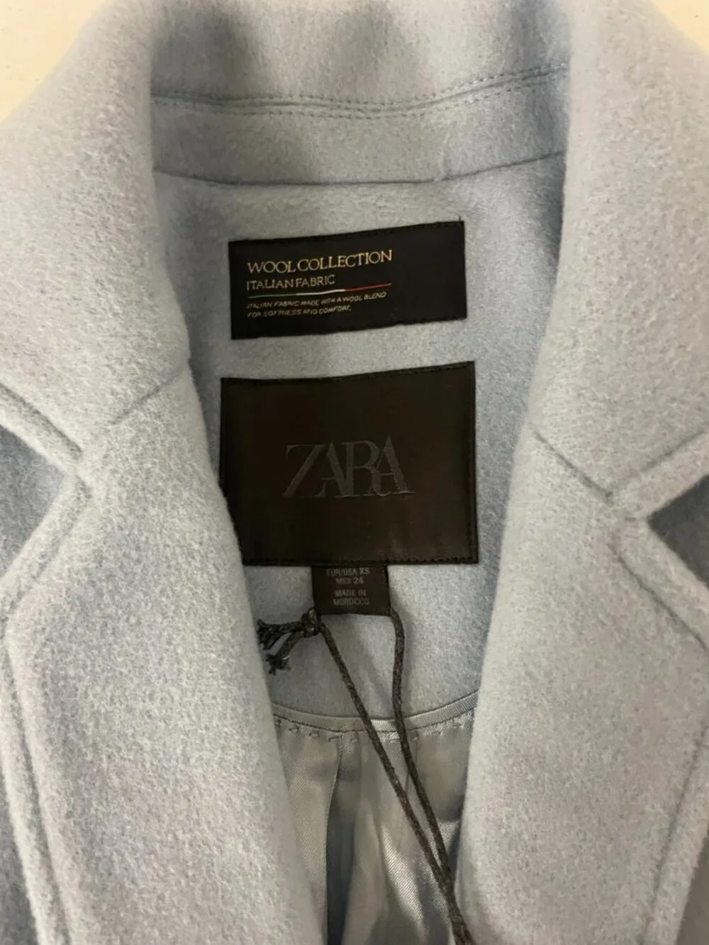 Zara Womens Long Coat XS Sky Blue Wool Collection Italian Fabric 8882/805 NWT